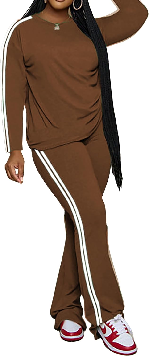 Women's 2 Piece Outfits Crewneck Long Sleeve Tops and Flare Pants Lounge Sets Tracksuit