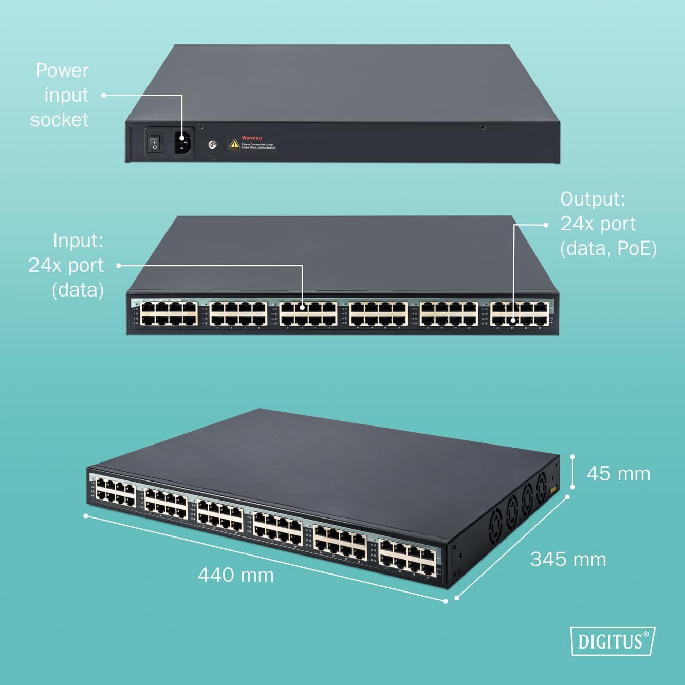 Digitus DN-95117 PoE+ Injector showing front and rear views with dimensions