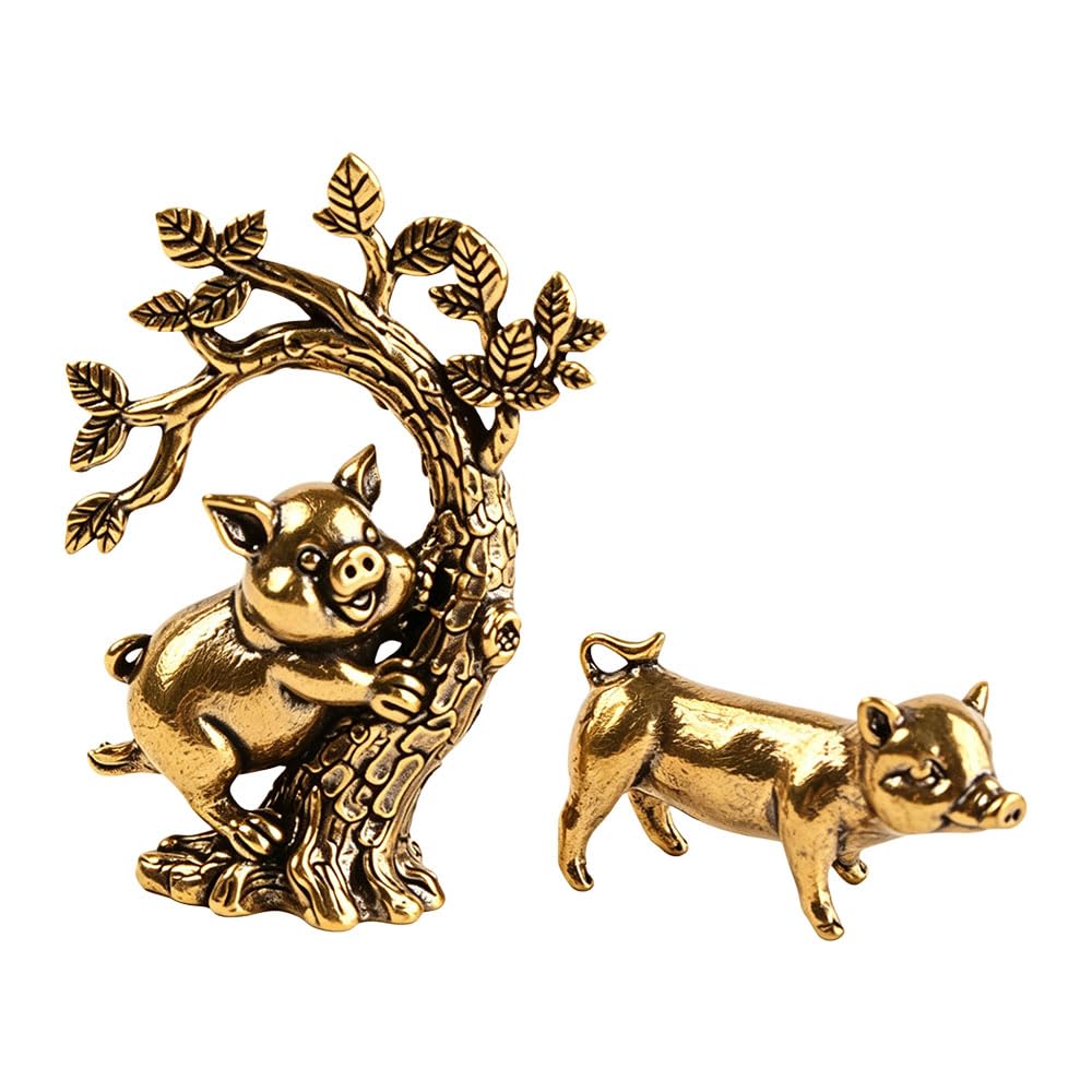 Jehoshaphat 2Pcs Vintage Brass Pig Figurines, Cute Hugging Pig & Lush Money Tree Static Statues, Auspicious Tabletop Ornaments for Vintage European & American Household Interior Layout Styling