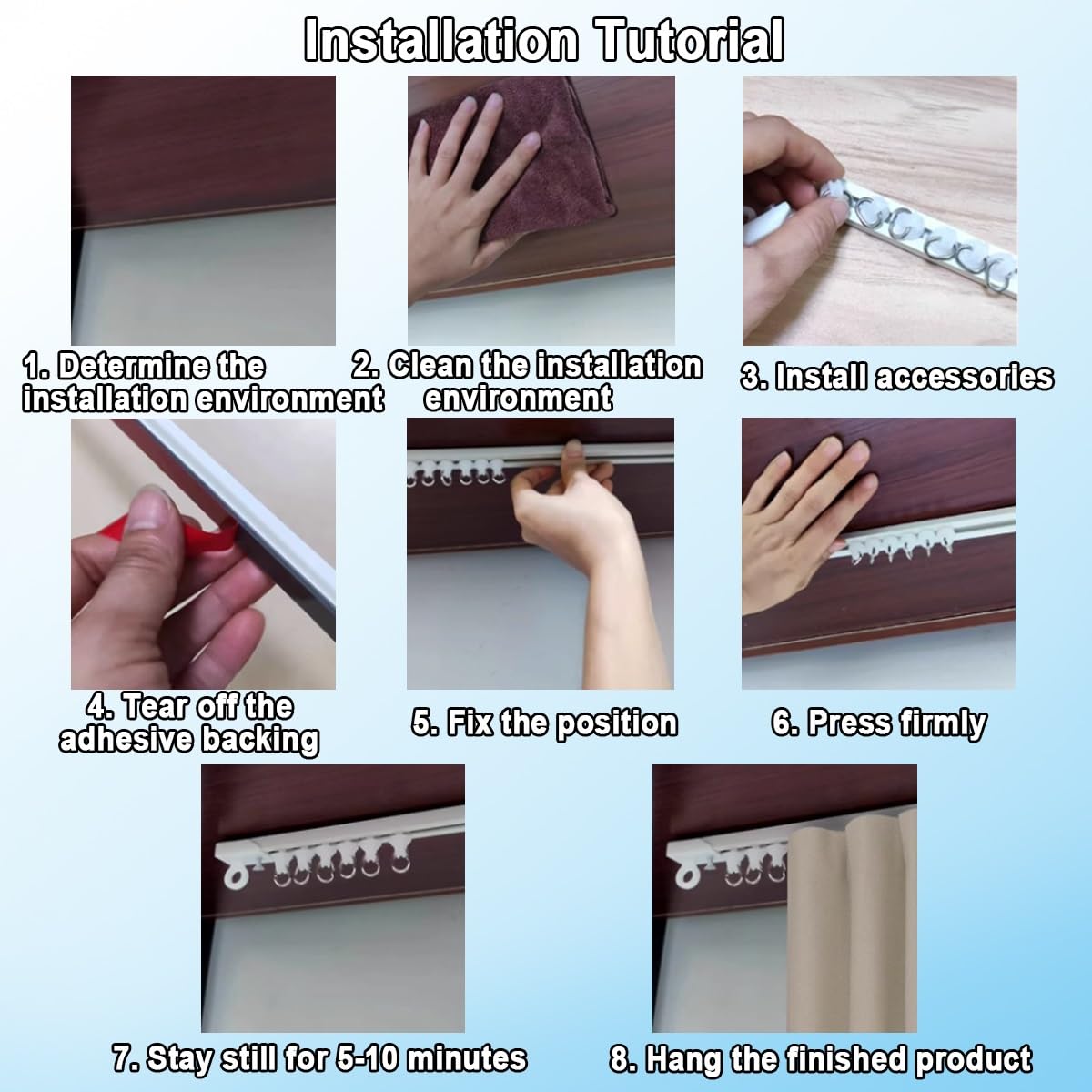 Rail adhésif sans perçage de 4,1 m pour murs et plafonds, séparateur de pièce polyvalent avec clips et crochets, parfait pour les camping-cars et les surfaces lisses, installation facile