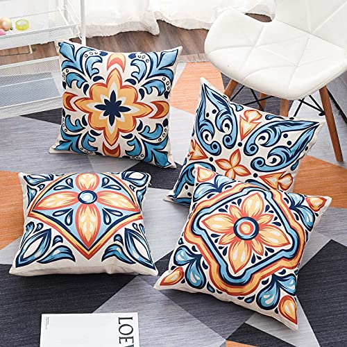 Wyooxoo Decorative Blue Pillow Covers 18X18 Outdoor Farmhouse Pillow Covers Cushion Cover Set Of 4 Linen Square Throw Pillow Cases For Couch Sofa Car Living Room Patio Furniture #TOP4