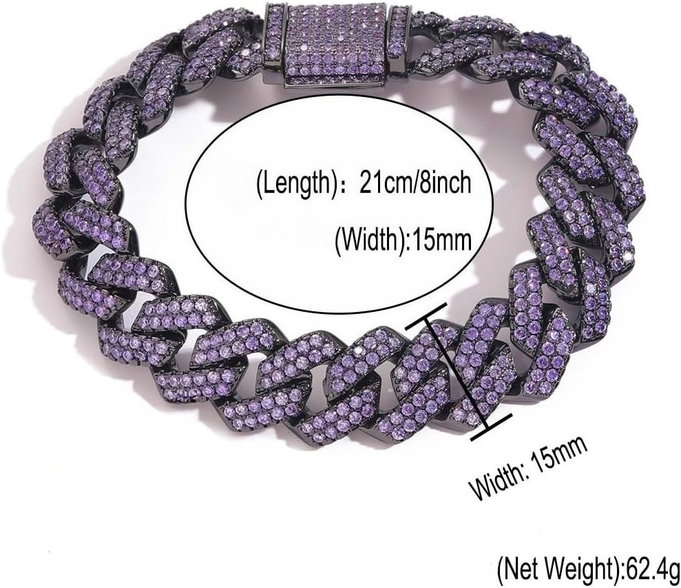 Solid Gold over S925 Sterling Silver 15mm Purple Moissanite Cuban Bracelet, Royal Hip Hop Style, Regal Gift for Graduates