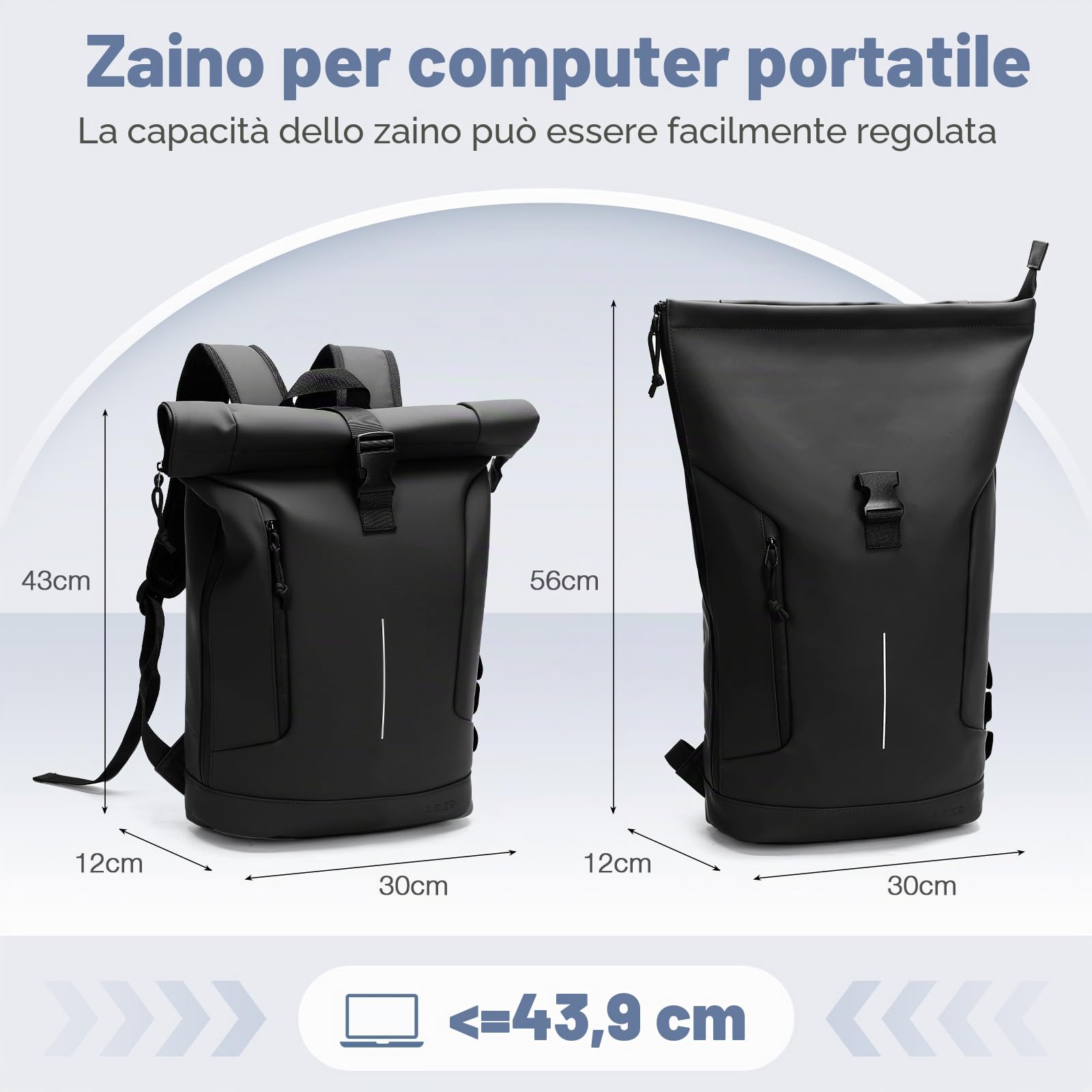 Zaino Rolltop Uomo Donna, Zaino Porta PC 17 Pollici Impermeabile, Grande zainetto da Viaggio Uomo Rains Zaini, Zaini Lavoro Uomo Elegante per Viaggi Lavoro Università Scuola Casual
