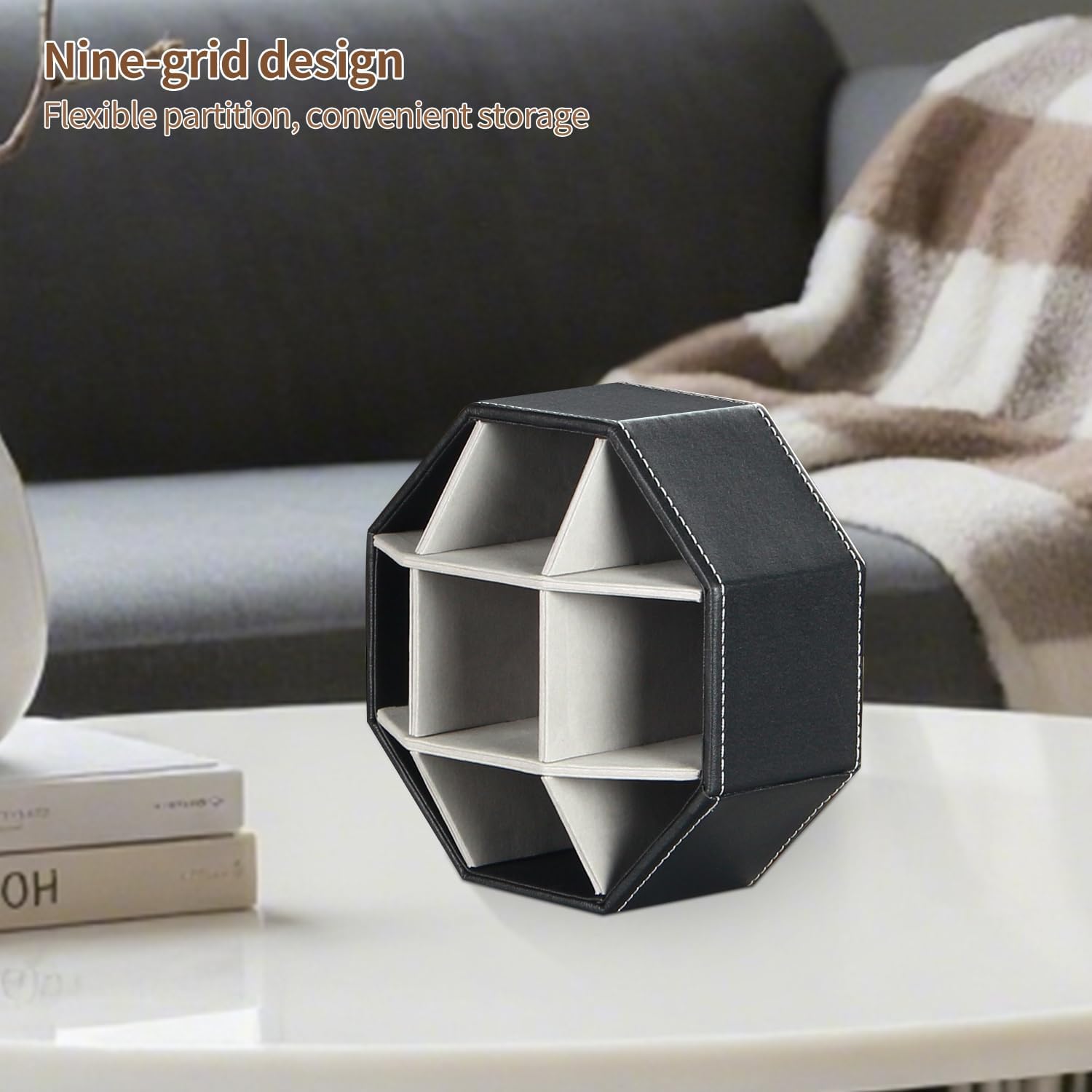 Remote Control Holder, Swivel 9 Rooms Desk Organizer and Decorations for Living Room, Leather Bedside Storage Caddy for TV Controllers/ Makeup Brush Pen/ Office Stationery/ Art Supplies/ Eyeglasses Black