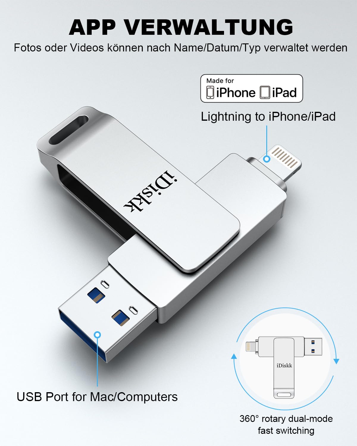 iDiskk 128G Lightning USB Stick für iPhone MFi-zertifizierter iPhone Foto-Stick für iPhone iPad Speicher iPhone USB-Flash-Laufwerk für iPhones Macbooks und PCs