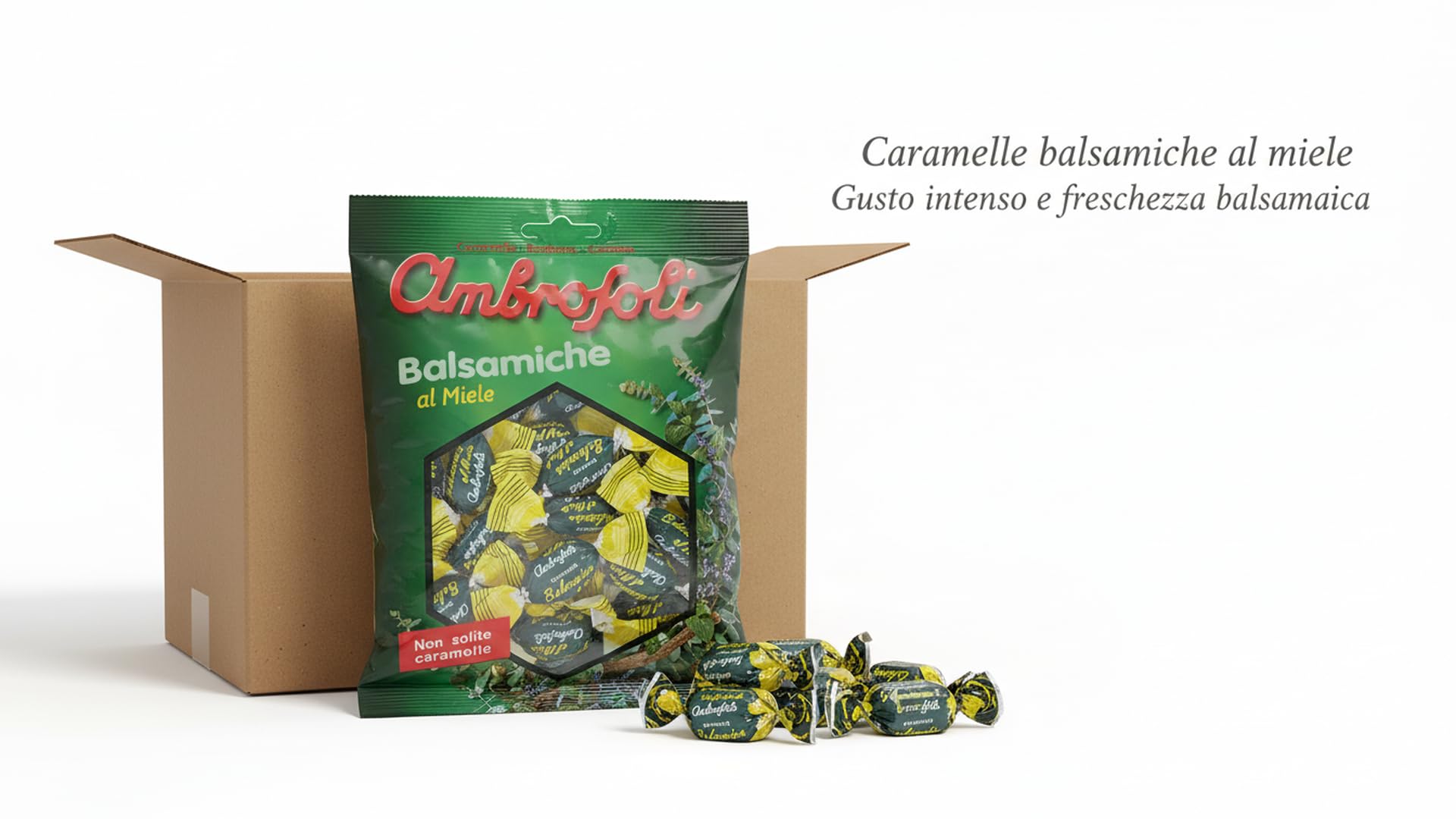 Ambrosoli Caramelle Balsamiche al Miele – Cartone Convenienza 20 Buste da 135 g – Caramelle Balsamiche Rinfrescanti con Miele – Ideali per Ufficio e Casa