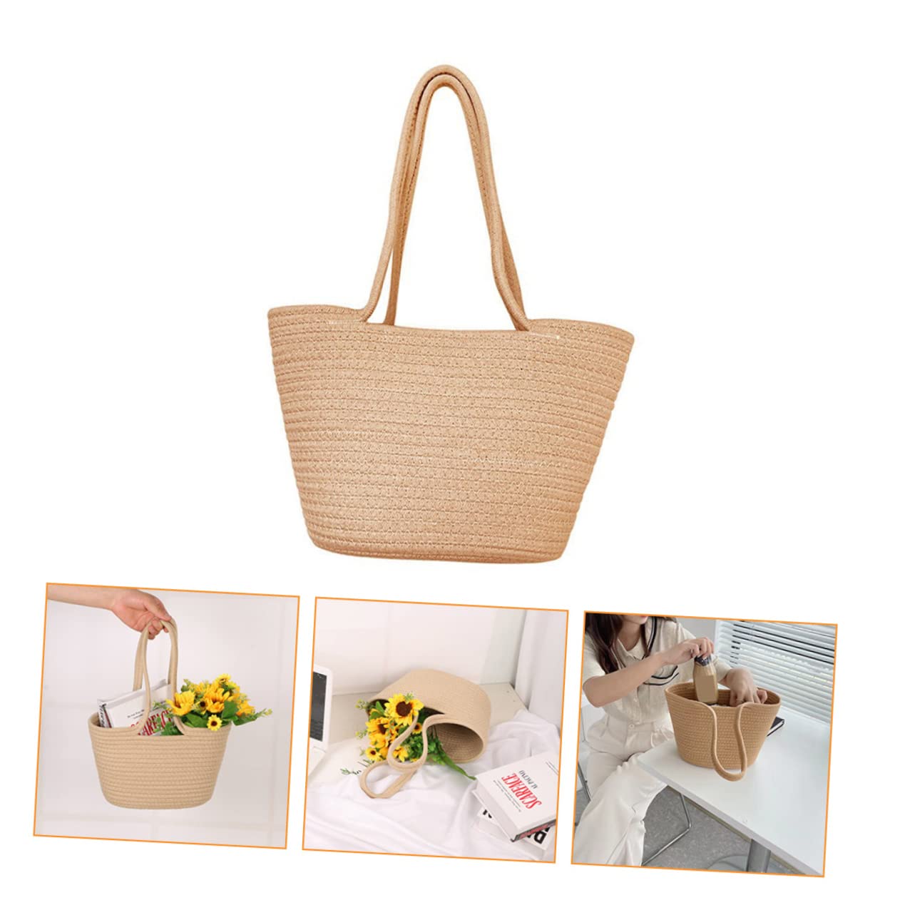 Vaguelly 1Pc Hand Woven Flower Storage Basket Khaki Decorative Bag for Home Decor Portable Multi Functional Weave Tote for Flowers Magazines Essentials
