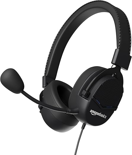 Amazon Basics USB Gaming Wired On-Ear Headphones with Detachable Mic, with Blue LED, Windows Software, Simulated 7.1 Surround Sound, 2.4 Meter…