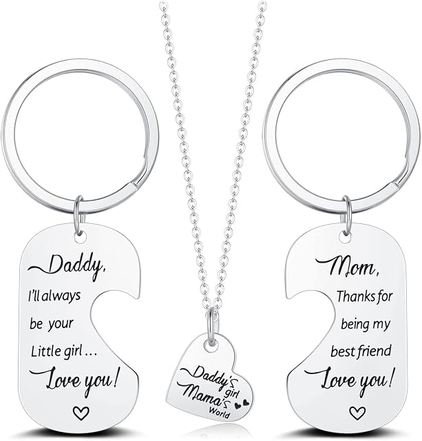 CERSLIMO Dad & Mom Gifts from Daughter Keychain, Daddy's Girl Mama's World Heart Necklaces Gift for Daughter | Mothers Fathers Gifts for Dad Mom | Birthday Christmas Jewelry Gifts for Daughter