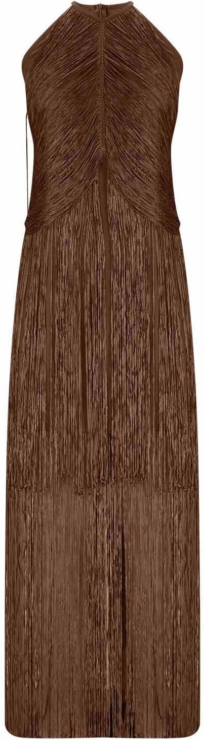 Women Sleeveless Halter Fringe Midi Dresses 20s Gatsby Party Flapper Dress Solid Color Stylish Cocktail Costume