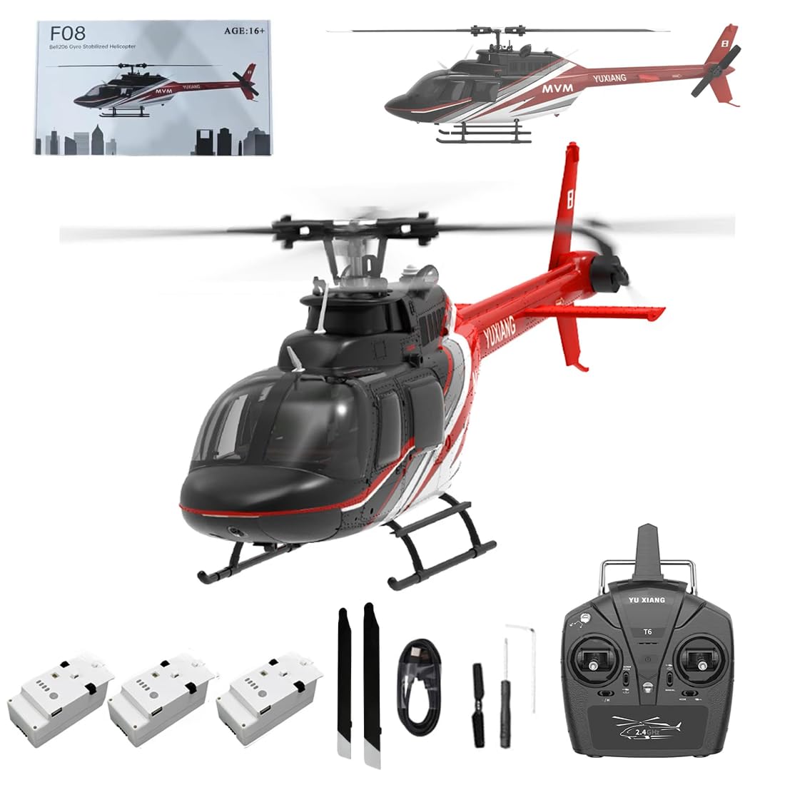 YUXIANG F08 Bell206 RC Helicopter for Adult, 1/27 Scale 6CH Brushless Direct-Drive Flybarless Helicopter Model with 6-Axis Gyro, 3D/6G RC Aircraft Model Toys (3PCS Battery)