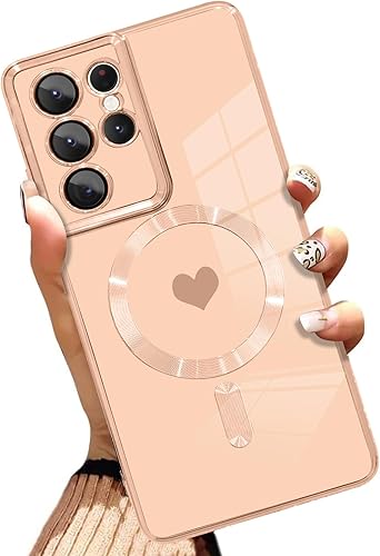 AIGOMARA Funda magnética para Samsung Galaxy S21 Ultra compatible con MagSafe diseño de corazón suave TPU galvanizado, antiarañazos, a prueba de