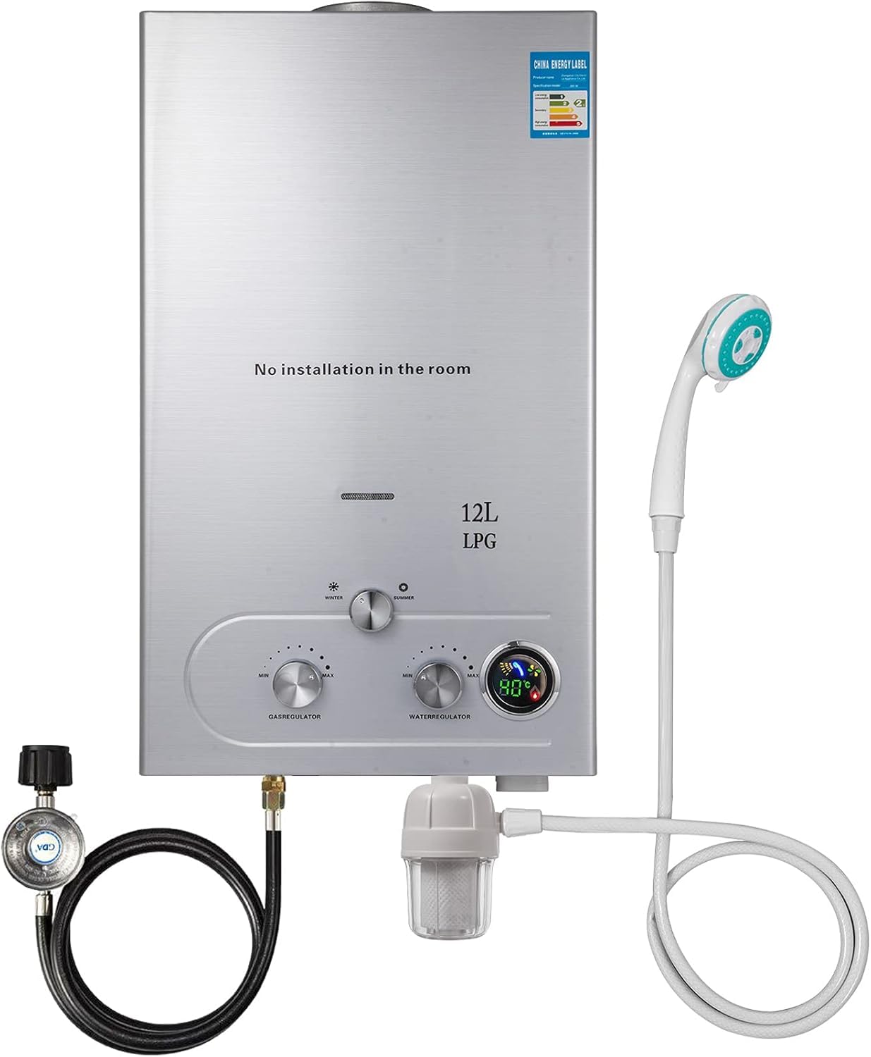 12 l LPG-Gas-Durchlauferhitzer mit Winter- und Sommermodus, 24 kW, an der Wand montiert, ohne Tank, automatischer Durchlauferhitzer mit Kupferkern und LED-Display