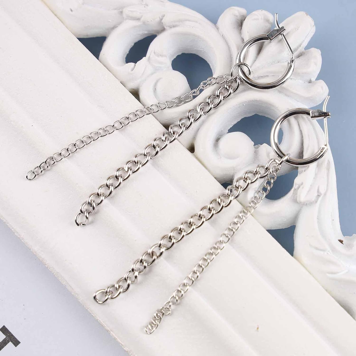 Vintage Chain Tassel Earrings Silver Metal Chain Earrings Long Chain Huggie Hoop Earrings Punk Fringe Chain Drop Earrings Jewelry for Women - Image 5