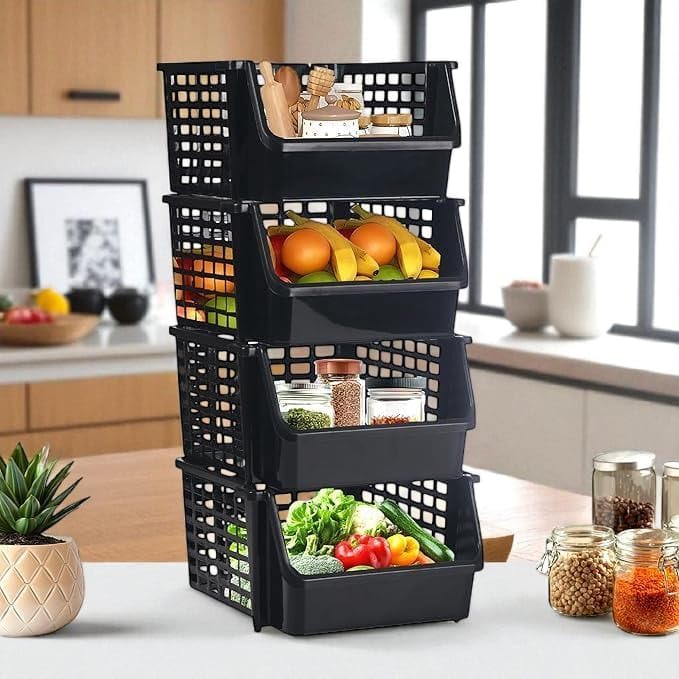 Image of ARTO Plastic Bathroom Organizer Rack - Stackable Storage Solution for Kitchen, Home, and Office | Versatile Basket Shelf for Vegetables, Fruits, and Stationery.