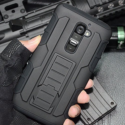 Customerfirst - Rugged Impact Armor Hybrid Kickstand Cover with Belt Clip Holster Case for LG Leon C40 (MetroPCS) / LG Power L22C (Straight Talk) (ARMOR BLACK)
