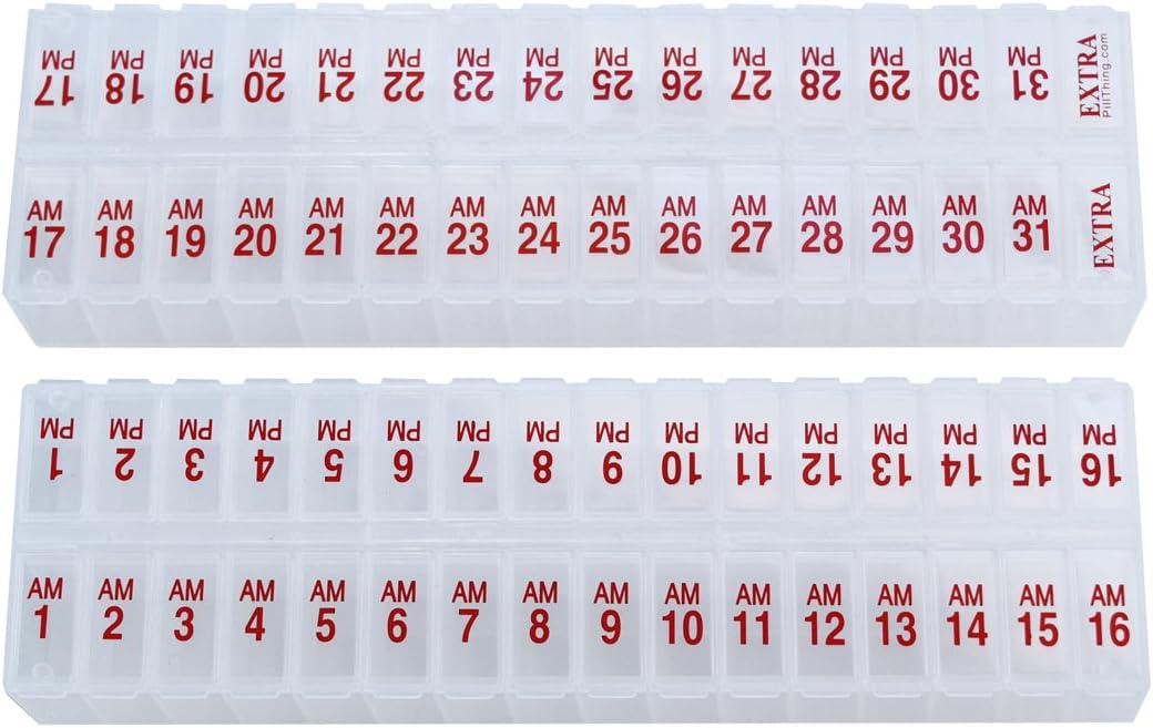 Twice-a-Day Monthly Large Pill Organizer Set - AM and PM Medication Organizer for the Entire Month. Set Contains 2 Organizers for 1 Month. (New STAY-TIGHT Lids)