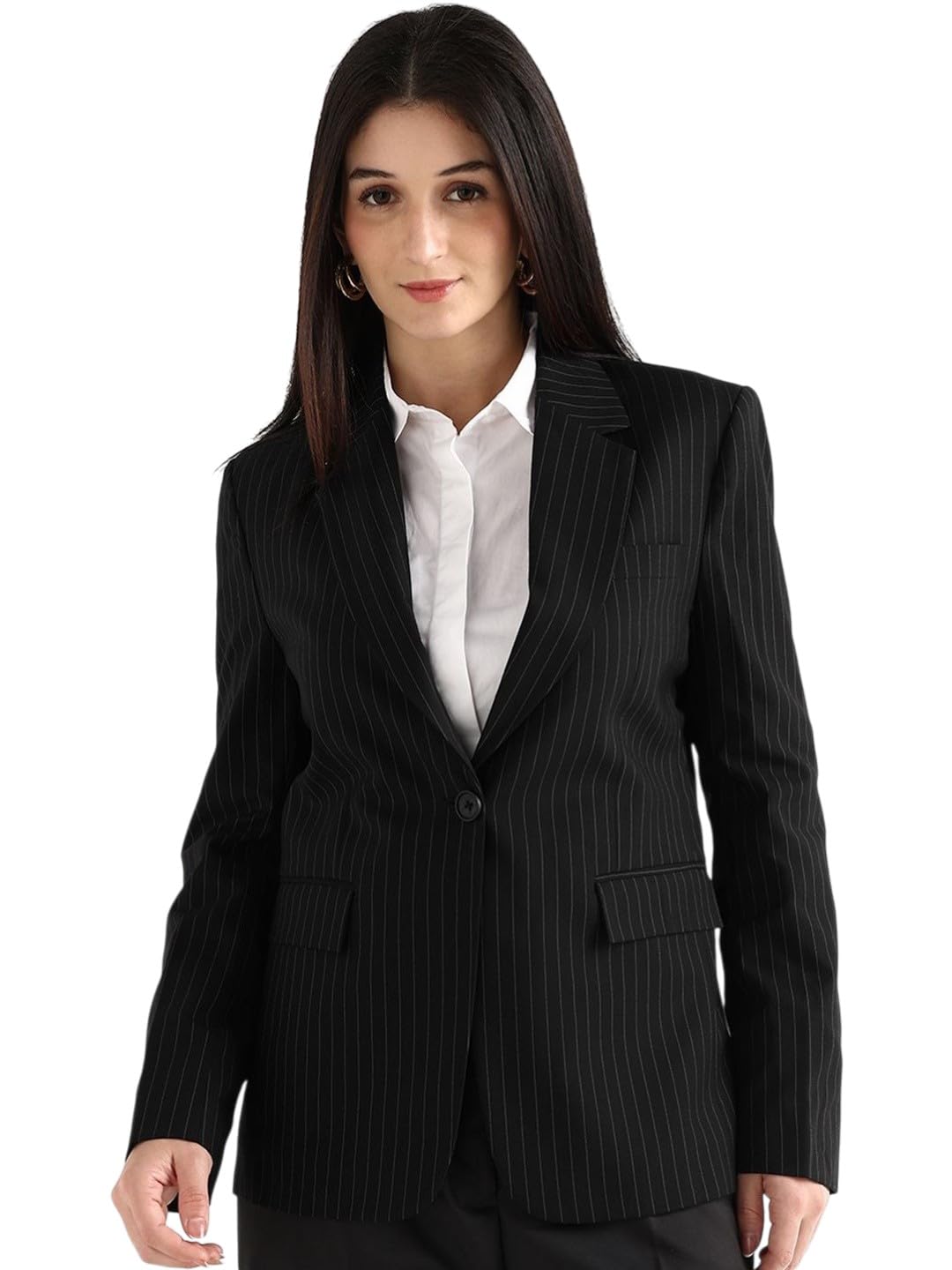 Women Black Striped Slim Fit Single Breasted Blazer-image-0