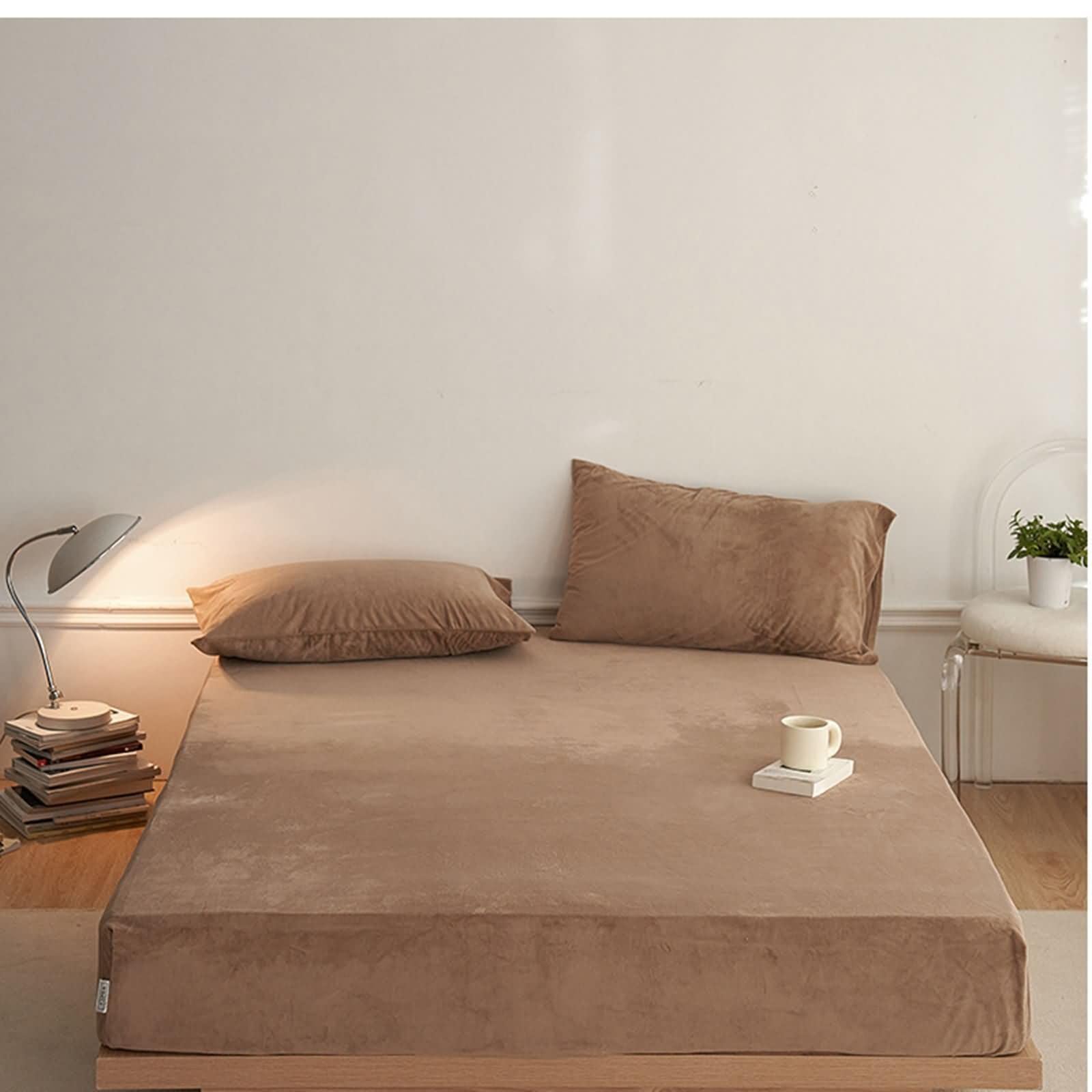 Drap Housse avec Elastique Velours, Couleur Unie, 180 x 200 x 40 CM, Kaki