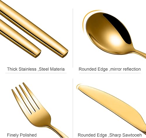 Miniatura 7 de Fashionwu Juego de cubiertos de oro mate de 30 piezas juego de cubiertos de acero inoxidable para 6 juego de utensilios de cocina con cuchillos de