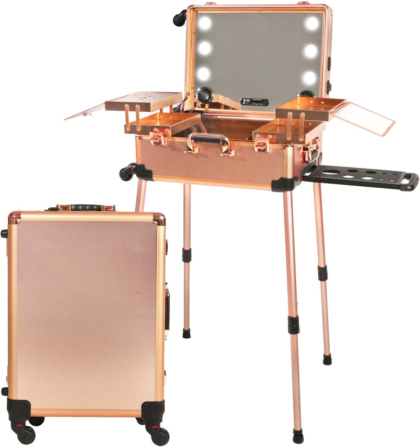 Large Makeup Train Suitcase with Built-in Lights & 3 Light Colors & Omni-Direction Wheels Lighted Rolling Travel Cosmetic Organizer, Professional Artist Trolley Studio Free Standing