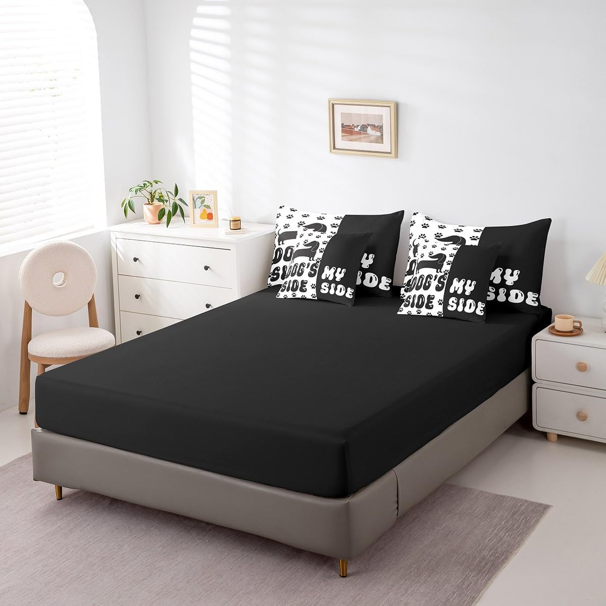 7 Pieces Full Size Cute Dog Paws Print Comforter Set,Cartoon Dachshund Puppy Animal Pet Bedding Set for Boys Girls,Dog Side My Side (Comforter+Fitted+Flat Sheet+2 Pillowcases+2 Throw Pillow Covers)