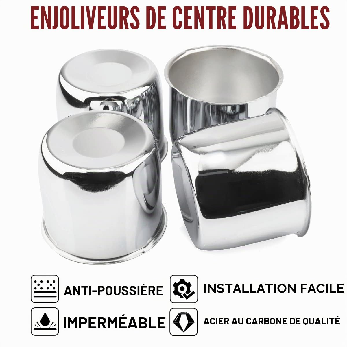 RhinoTuning Lot de 4 cache-moyeux de 4,25" - Diamètre extérieur : 108 mm - Hauteur : 93 mm - En acier au carbone - Convient pour véhicules de tourisme, véhicules tout-terrain, remorques de camion