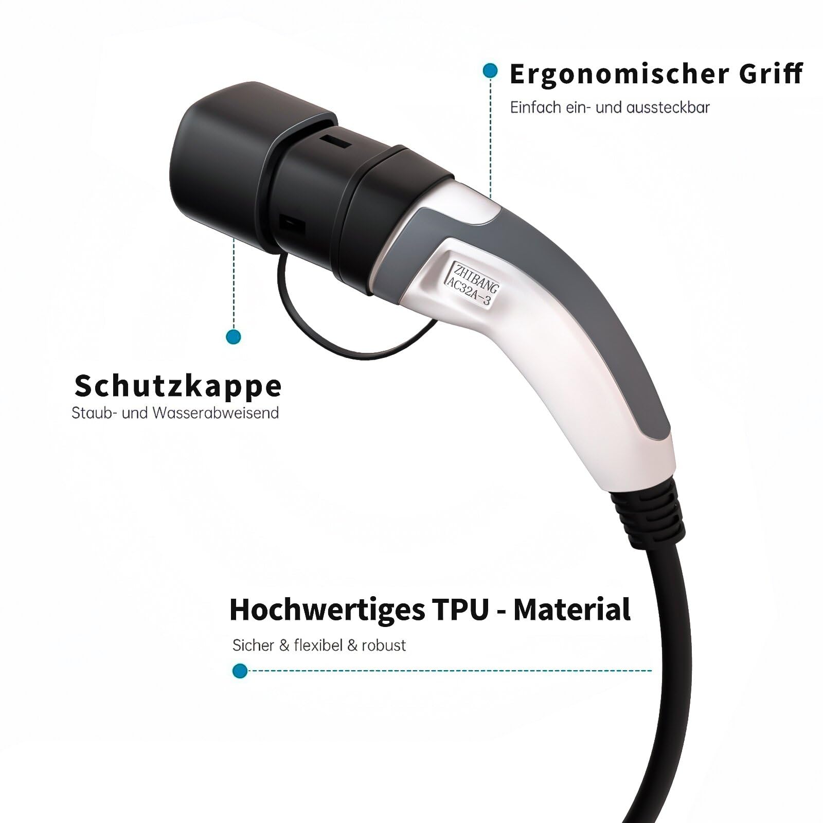 ZHIBANG EV Ladekabel typ2 11KW 16A 3 Phasig 5M für E-Auto EV/PHEV | Schnelladekabel typ2 für EV/PHEV, Mode 3 Ladekabel für Elektrofahrzeug
