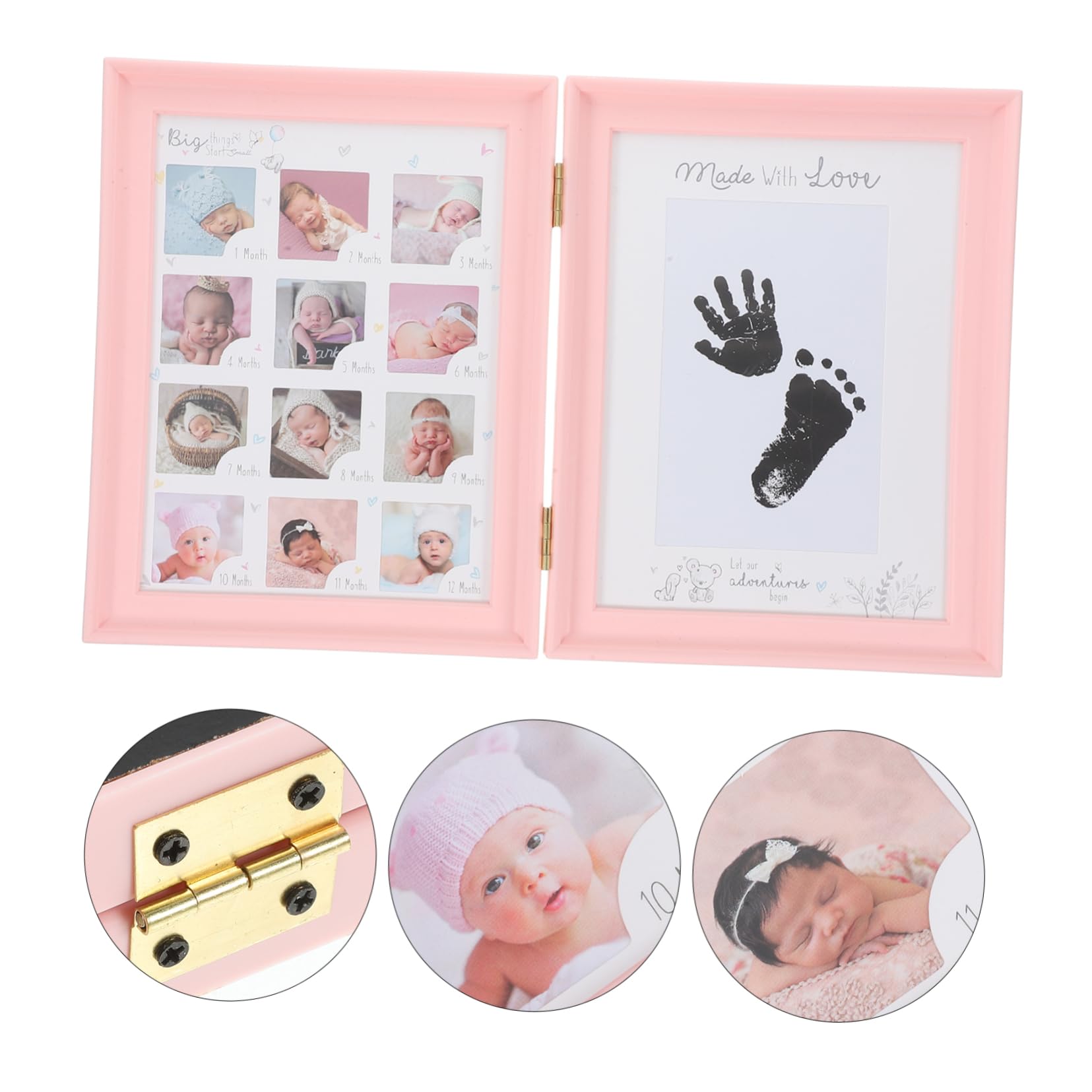 Cornice Ricordo Crescita Bebè Rosa, Doppia Apertura, Kit Impronte Mani e Piedi, in Plastica Pvc e Cartone, Regalo Nascita e Compleanno