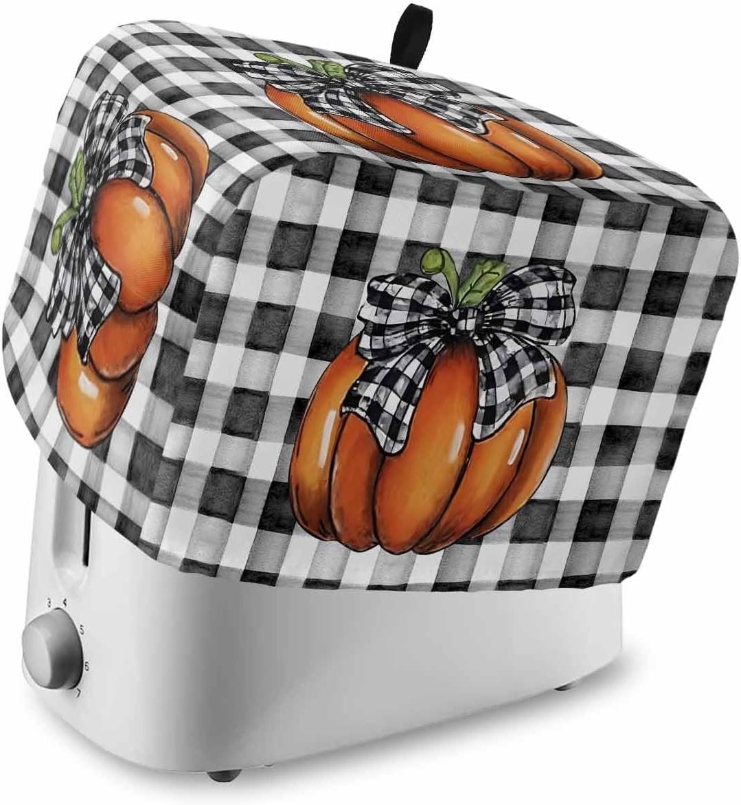 Fall Toaster Cover 2 Slice Bow Orange Pumpkin Thanksgiving Toaster Oven Cover with Pockets Black Buffalo Plaid Bakeware Protector Small Kitchen Appliance Dust Covers and Fingerprint Protection