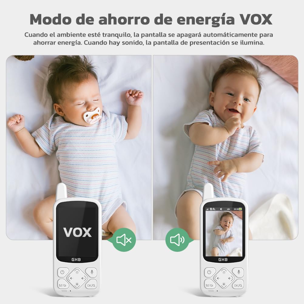 GHB Camara Vigilancia Bebe Vigilabebes con Camara con Pantalla IPS 2.8" 720P Recargable de 2000mAh Visión Nocturna 8 Canciones de Cuna Comunicación Bidireccional VOX Escucha Bebes