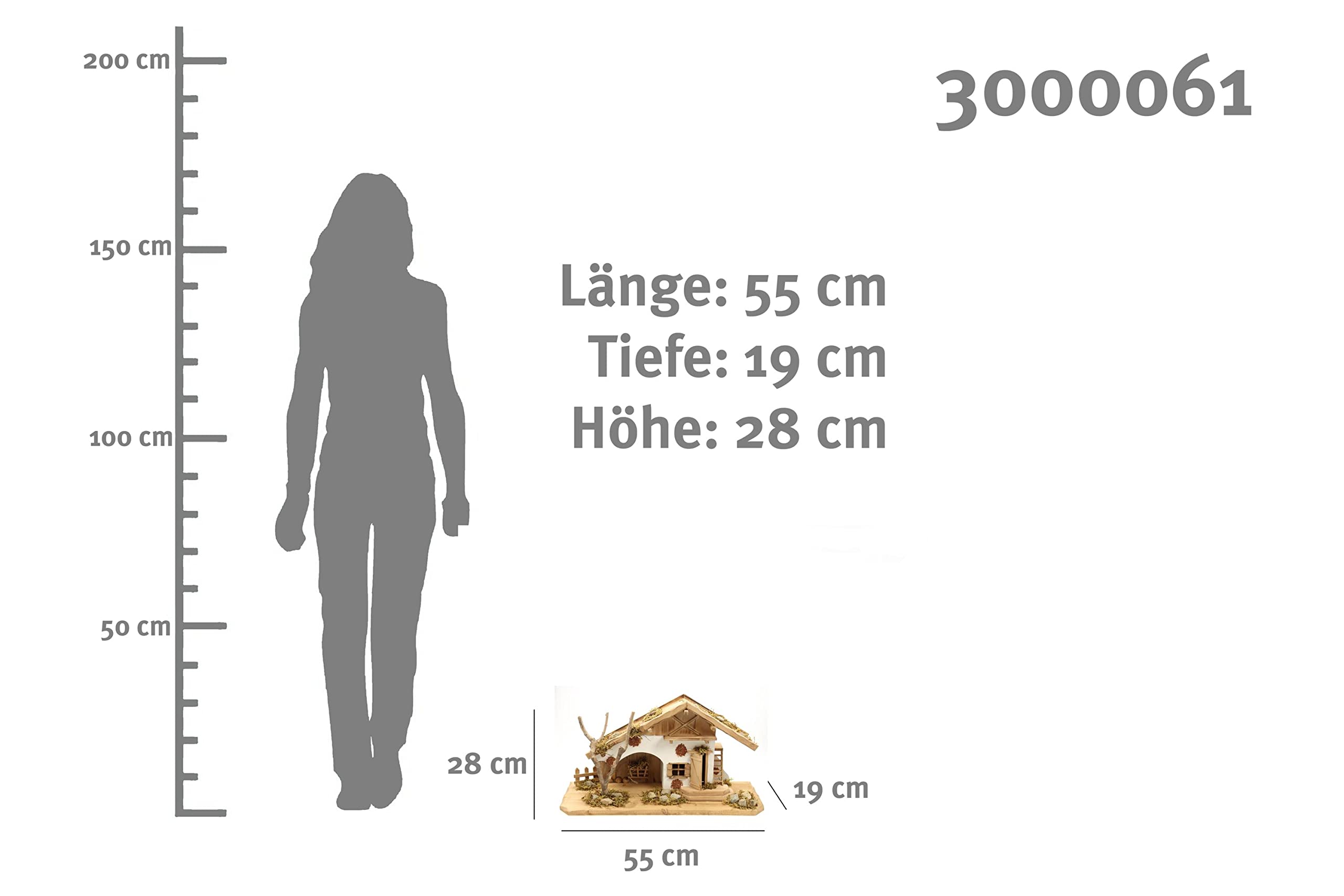 ELLUG Holz Krippenstall, Holzkrippe, Weihnachtskrippe 55 * 19 * 28cm (OHNE Krippenfiguren) Krippenstall aus Holz für Figuren bis 15cm Höhe