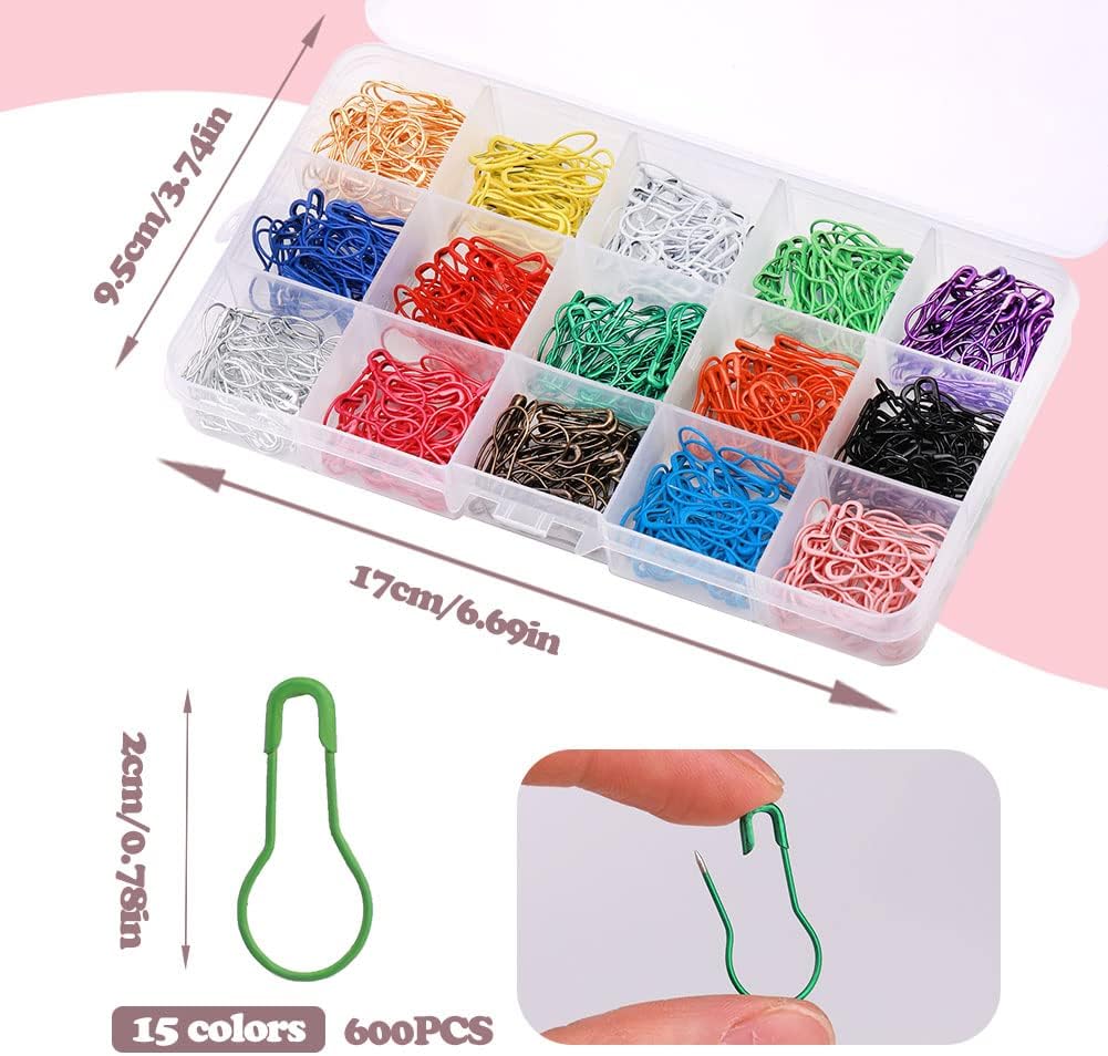 LUNARM 600 PCS Safety Pins, Colorful Metal Knitting Bulb Pins with Storage Box 15 Colors Stitch Markers for Clothing Labels Crochet Stitch Markers DIY Craft Project