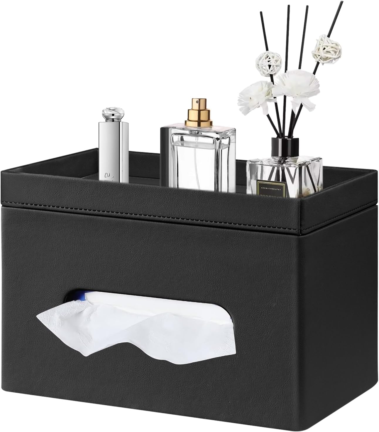 Fanousy Large Tissue Box Cover Rectangle with Tray on Top, PU Leather Facial Tissue Holder with Storage, Fits 230-Count Family Size Kleenex, Modern Nightstand Organizer for Bathroom Office Home Decor