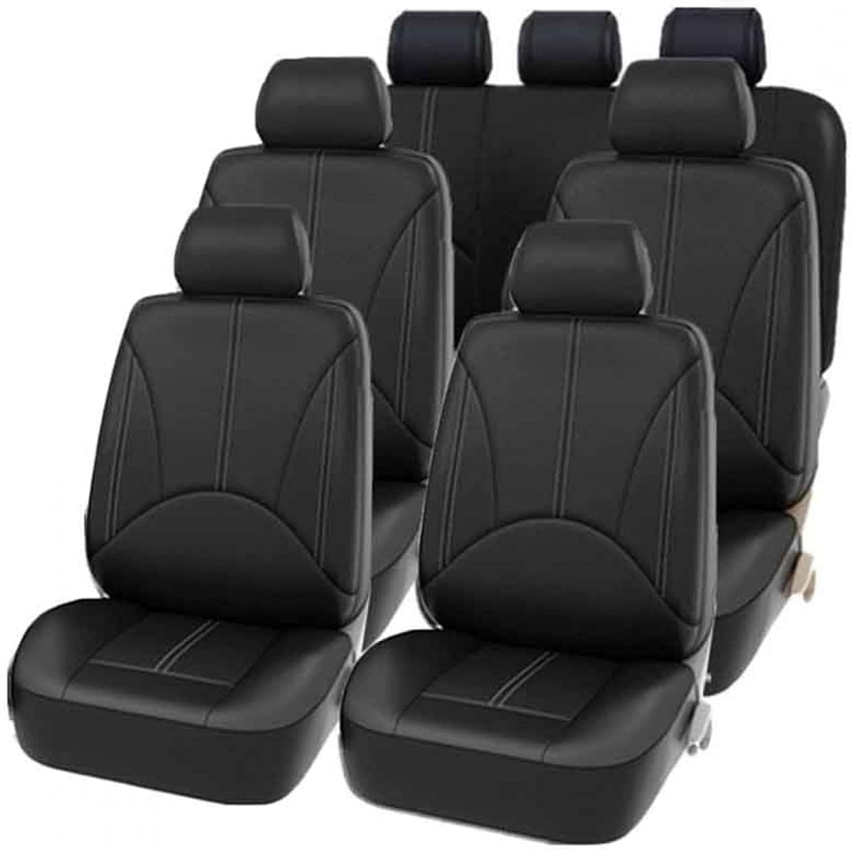 BeLongsYou 7 Sitz Universal Auto Sitzbezüge Komplettset, Pu Leder Auto Vorder-und Rücksitz Kopfstütze Protektoren, Passend für die Meisten Autos, Lkws, Suvs oder Vans, All Season Universal,Schwarz