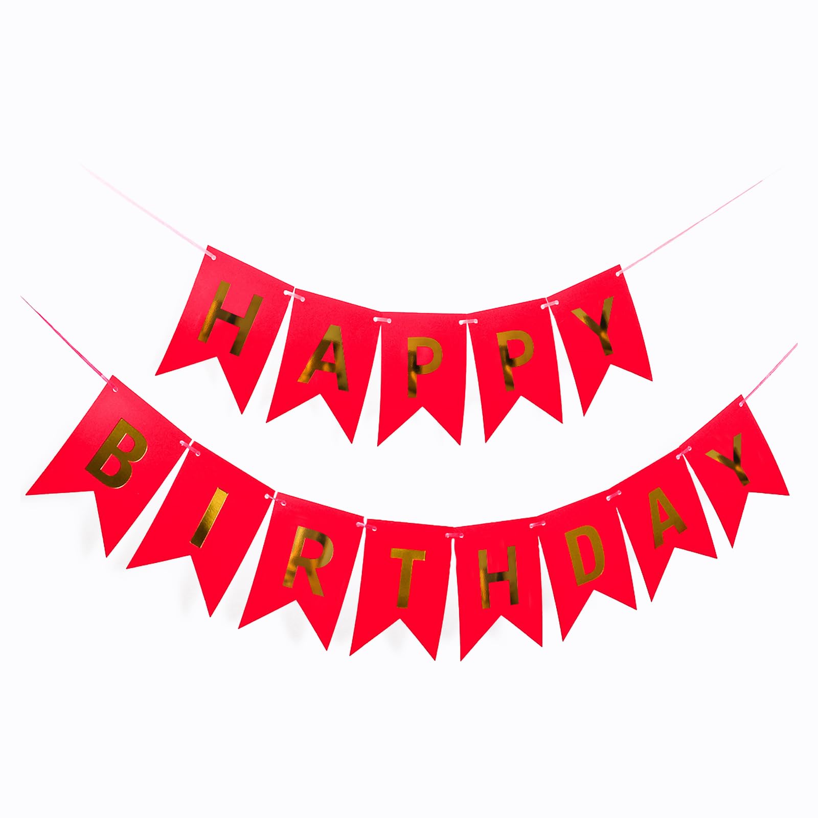 VGRDTW Bright Red & Gold Happy Birthday Bunting - Paper Party Decoration with 11.5x16cm Flags & 5m String for Kids, Adults, Birthdays & Home Celebrations