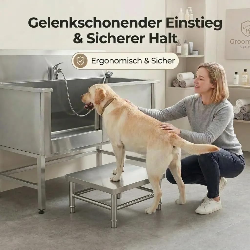 BañEra Para Perros De Acero Inoxidable - EstacióN De Lavado Profesional Para Mascotas, PeluqueríA Canina Y Veterinaria | Incluye Grifo ExtraíBle, Escaleras De Acceso Y Alfombra(100*60*90cm)