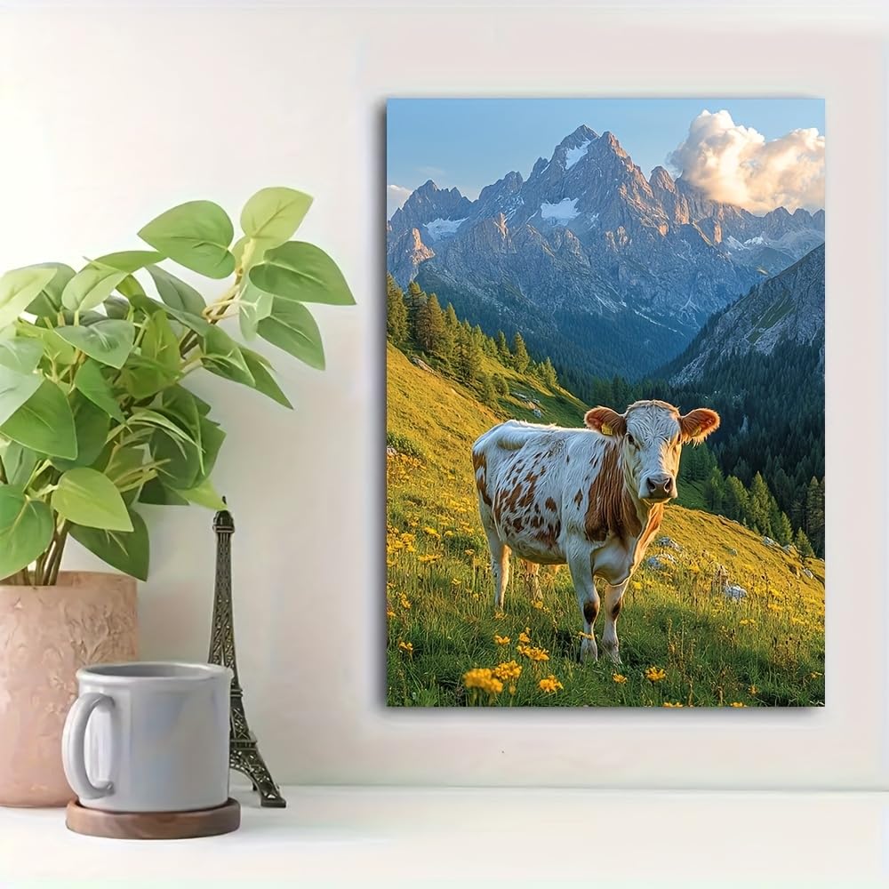 Obraz ścienny z motywem krowy w Dolomitach, obraz ścienny z motywem krowy, do salonu, korytarza (50 x 60 cm/z ramą)