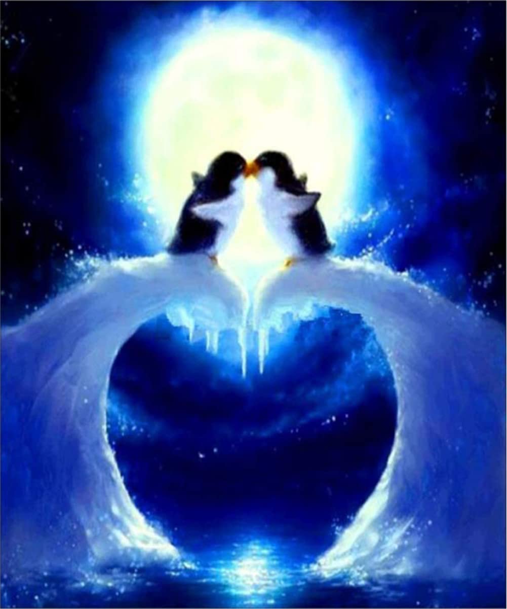 WOWDECOR Paint by Numbers Kits for Adults Kids, DIY Oil Painting - Penguin Love Heart Moon 16x20 inch (Frameless)