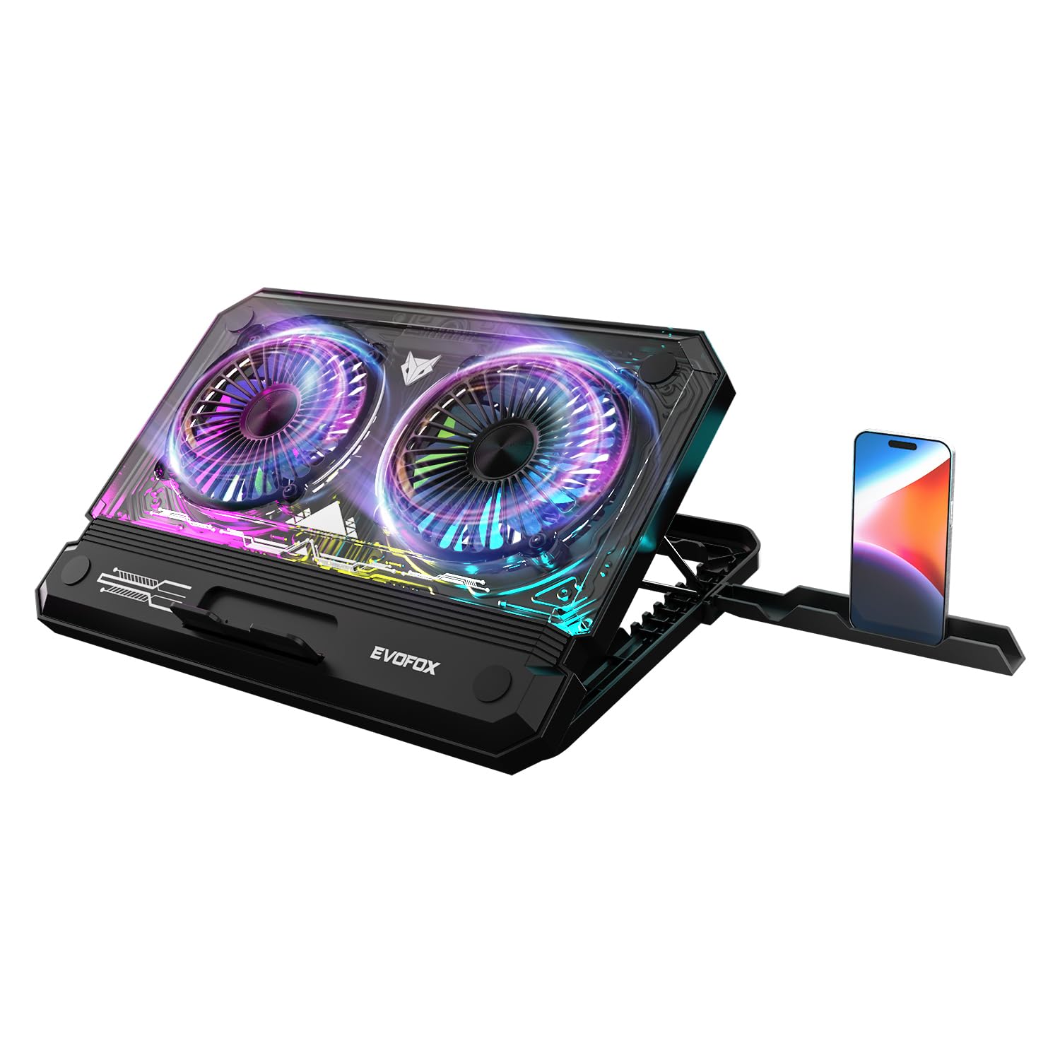EvoFox Blizzard RGB Laptop Cooling Pad with Transparent Upper Surface, 2 Large Fans, 8 Adjustable Angles, Edge RGB Lighting, Additional USB port for L...