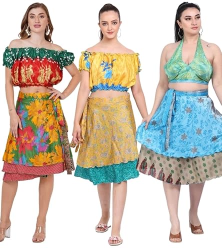 Wevez® Women’s Printed Wrap Around Sari Skirts – Pack of 5 Midi Size Assorted Hippie Boho Skirts