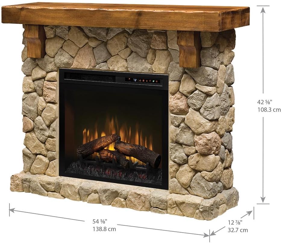 Dimplex Fieldstone Electric Fireplace with Mantel Surround Package | Pine with Natural Stone-Look, 26" - #GDS28L8-904ST