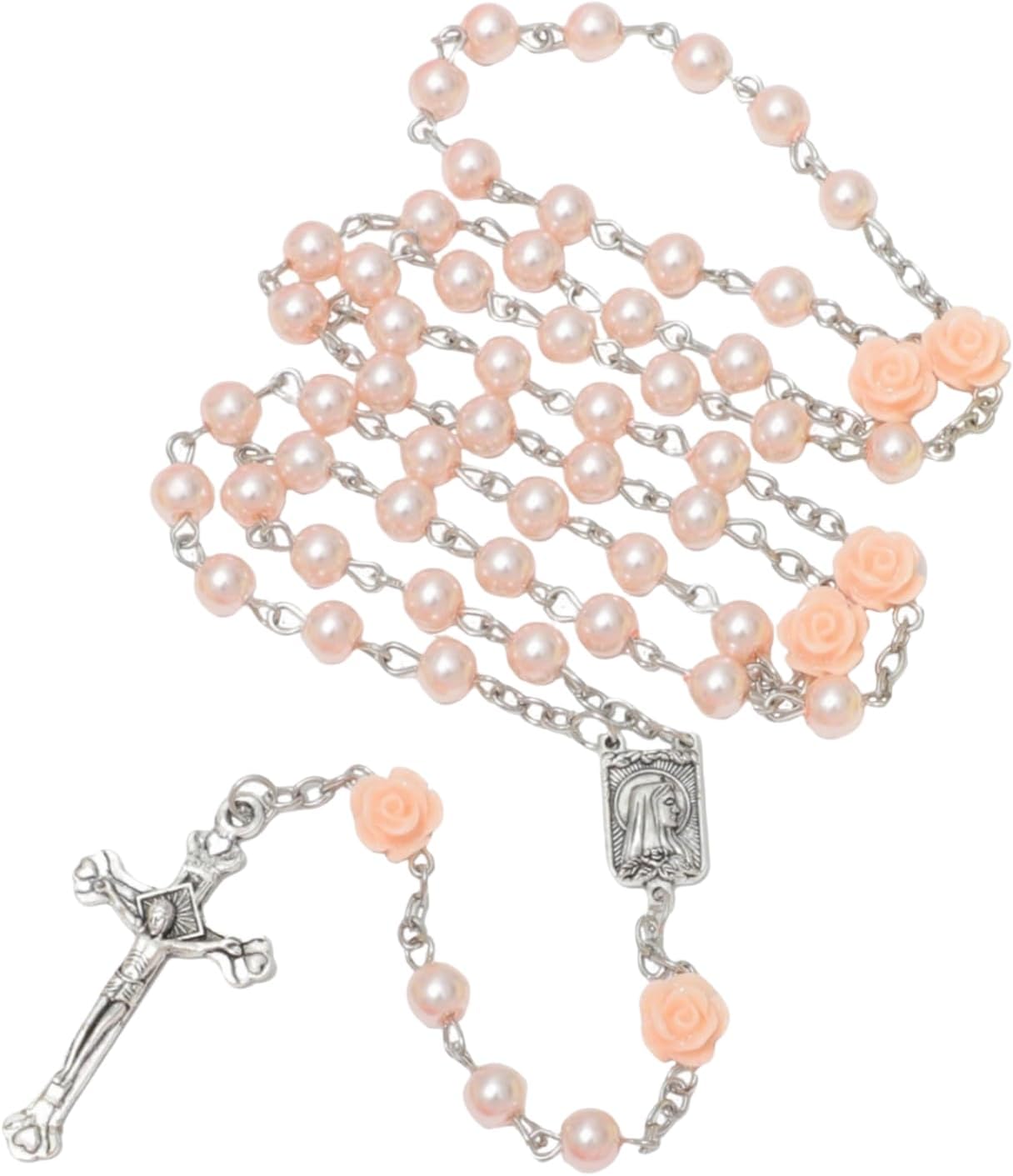 Catholic Rosary Necklace for Women, Simulated Pearl Prayer Beads with Rose Accents, Silver Crucifix & Our Lady of Lourdes Medal, Religious Gift for Her