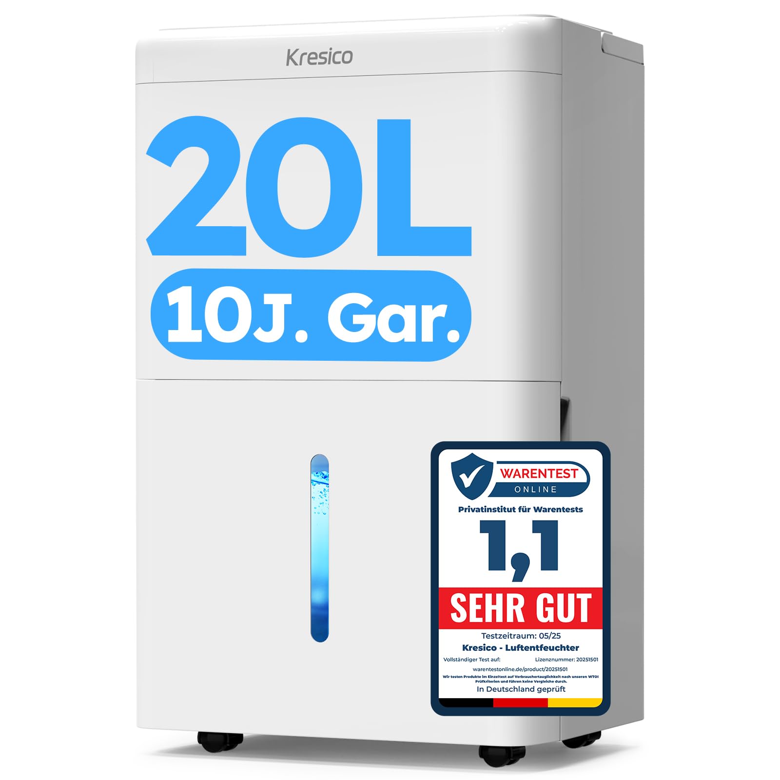 Kresico Luftentfeuchter elektrisch 20L/24h, Entfeuchter elektrisch 39dB, Raumentfeuchter für Räume ca. 150m³/50m², mit Ablaufschlauch, Timer, Filter, auto Abtauen, Kältemittel R290, 10 J. Gar.