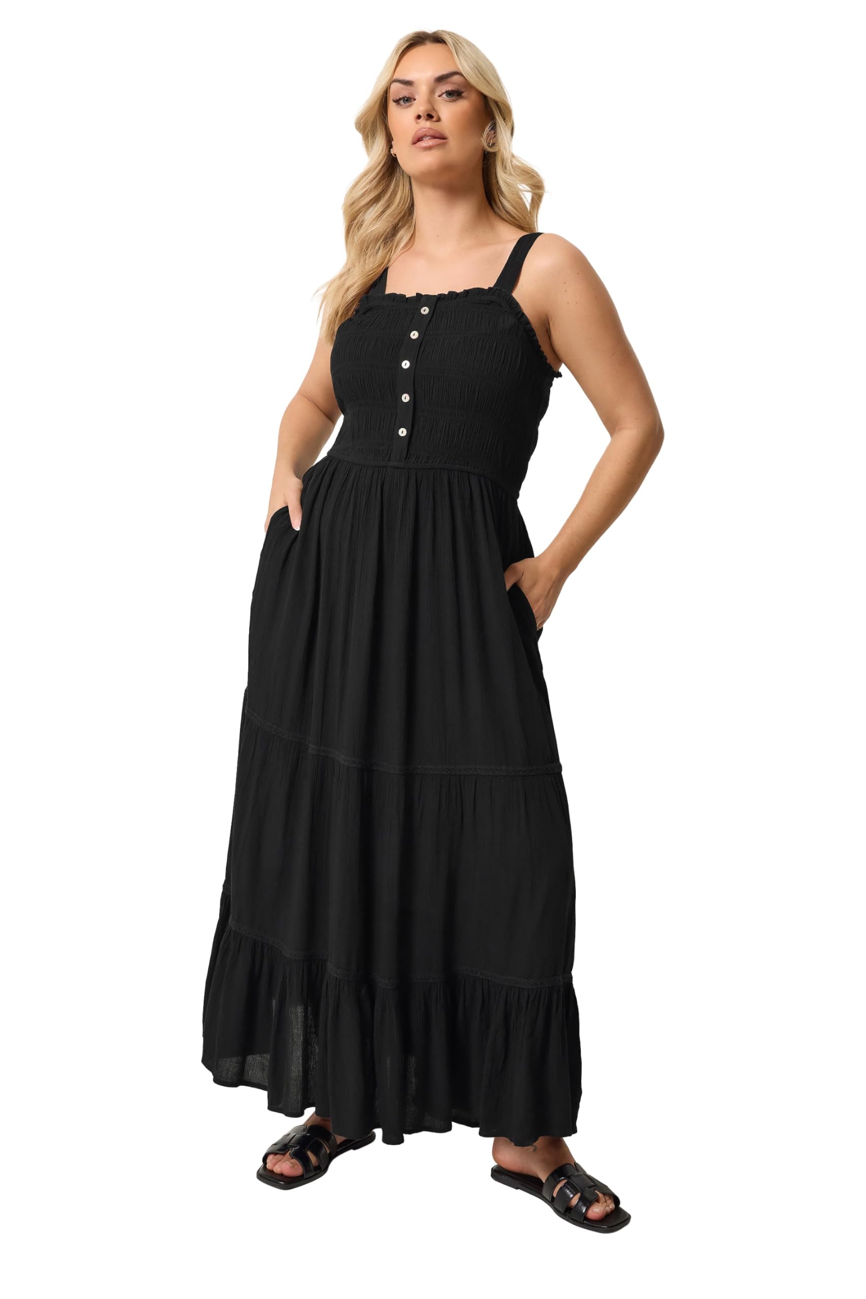 Yours Women's Black Shirred Placket Dress In | Size: 30/32