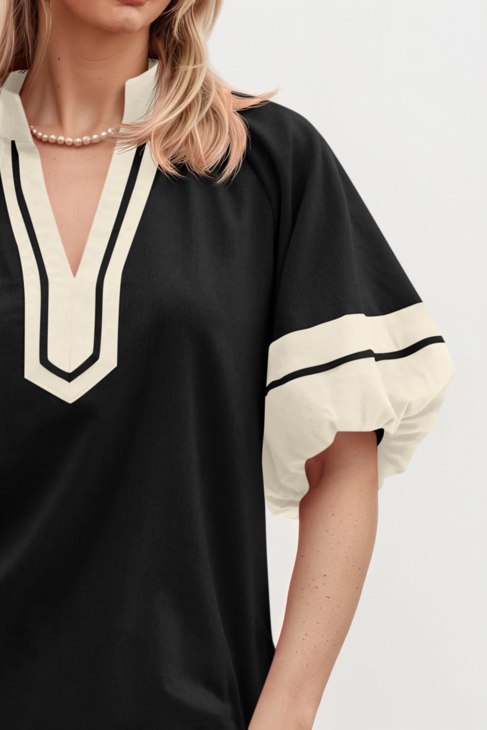 Cicy Bell Womens Color Block Puff Half Sleeve Tops Casual V Neck Blouse Loose Fit Side Split Shirts - Image 5