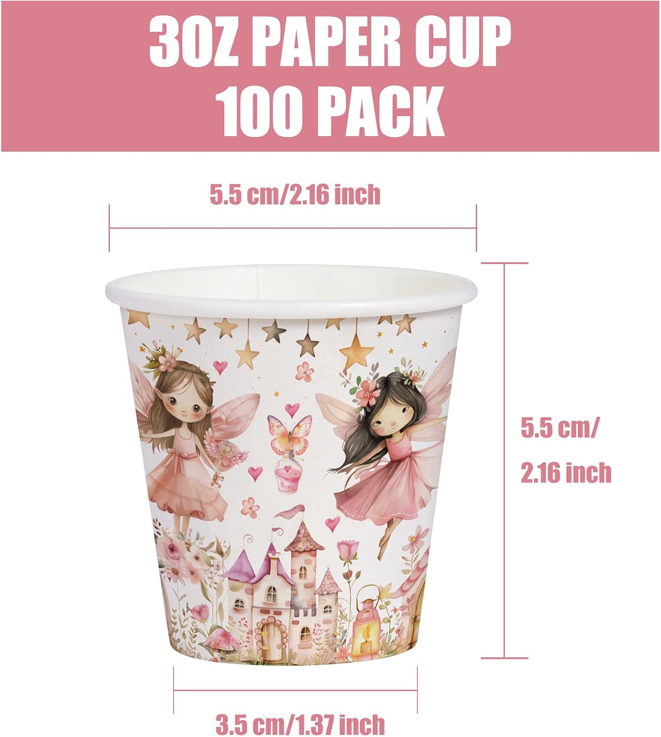 WRAPAHOLIC 3oz Pink Fairy Bathroom Cups - 100 Pack Birthday Paper Cups image 2