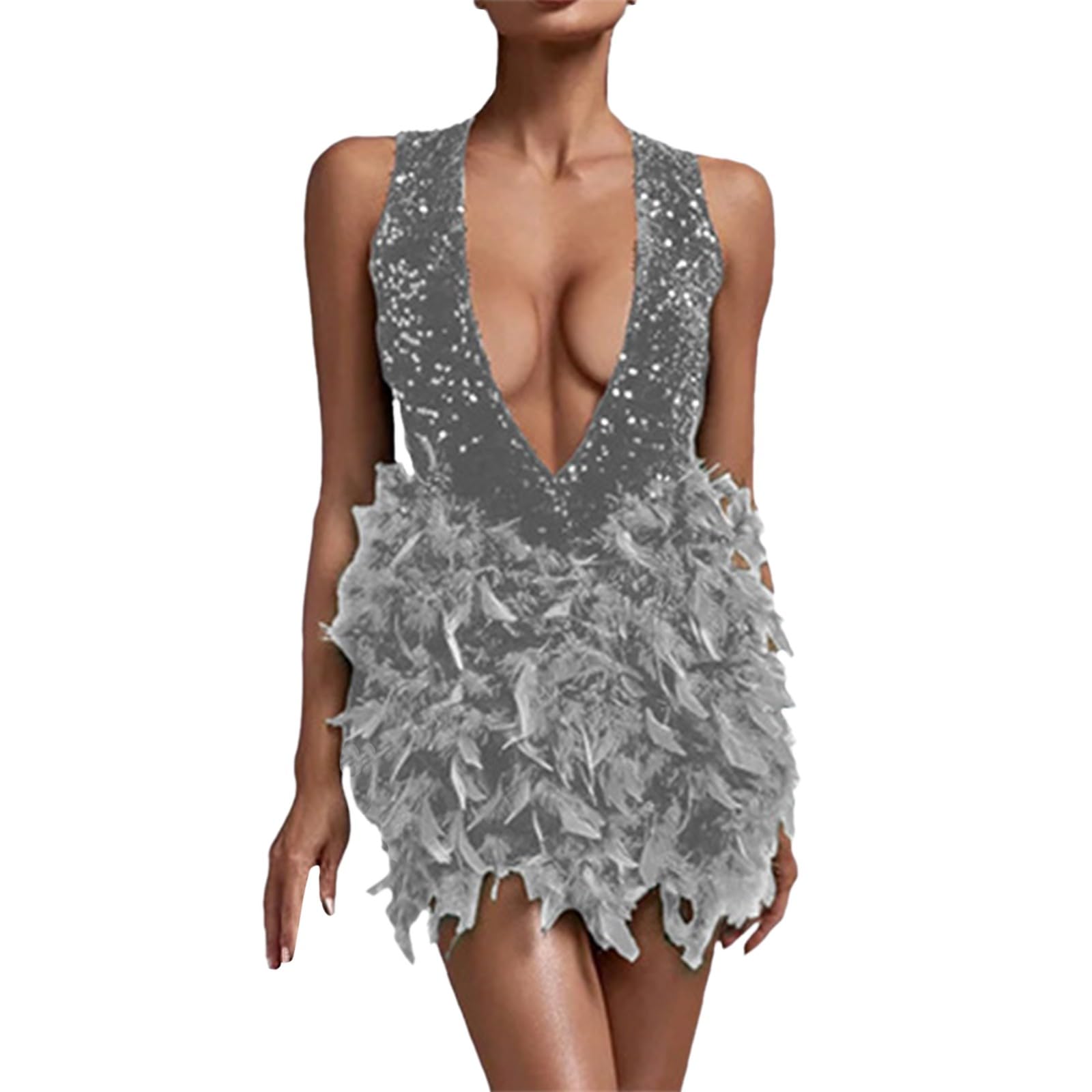 Jupe à Paillettes et Plumes pour Femme avec Dos Nu et décolleté en V Profond Robe Rose Moulante