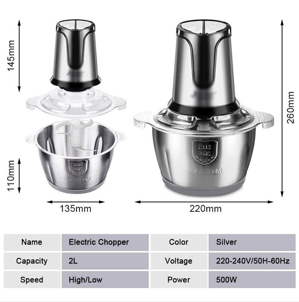 Picadora de Carne de Cocina for el hogar, Cortador de Verduras de 2L, trituradora de ajo, picadora eléctrica de Acero Inoxidable(EU)