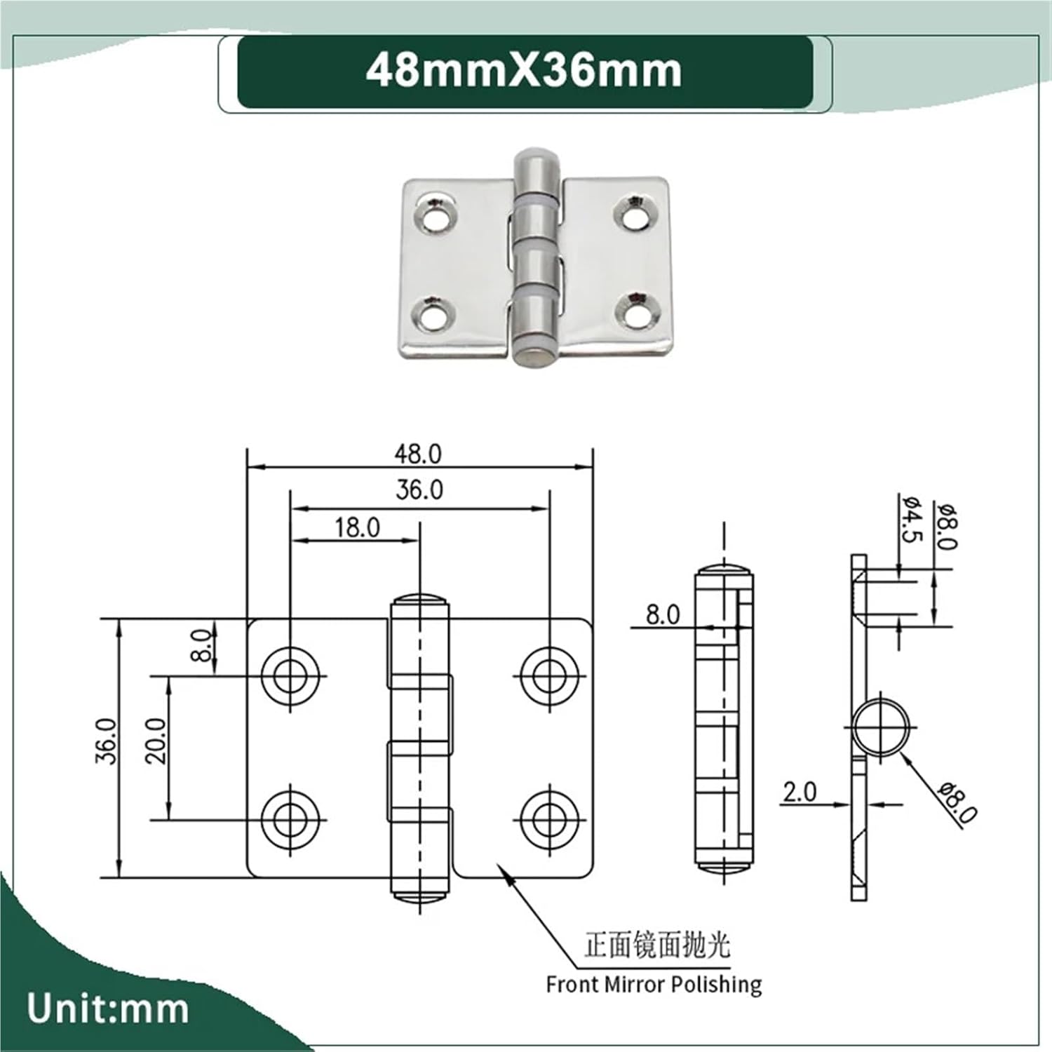 Industrial Equipment Box Distribution Cabinet Door 304 Stainless Steel Flat Folding Hinge 1Pcs(48mmX36mm)